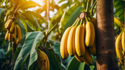 ripe bananas growing in nature sunlight