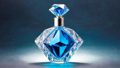 Blue diamond crystal glass perfume bottle. Luxury fragrance. Mock-up.