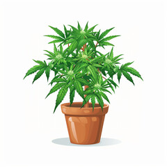 Clipart image of a cannabis plant in a gardening pot on a white background.