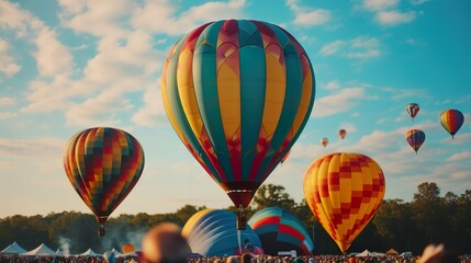 Obraz premium A hot air balloon festival with vibrant balloons taking flight on Australia Day. Concept of aerial displays and excitement.