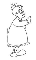 Grandma pointing, black and white line drawing
