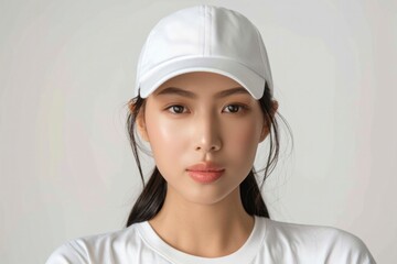 A serene portrait of a young woman in a white baseball cap, her reflective glance full of depth and subtlety