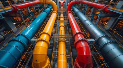 Tuinposter Array of Industrial Pipes in a Building © yganko