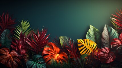 Minimal green background with tropical leaves in vibrant color