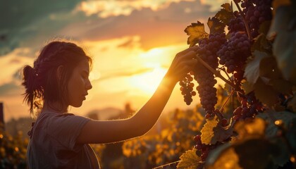 Harvest glow: young woman picking grapes at sunset