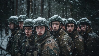 Determined young soldiers training in snow-covered forest for winter warfare