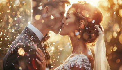 Romantic wedding kiss at sunset