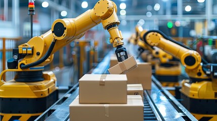 Industrial robot arm in warehouse next to conveyor belt packing goods into boxes