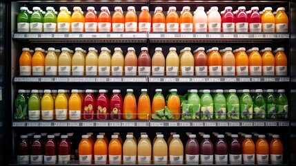 A colorful assortment of juices in a display case