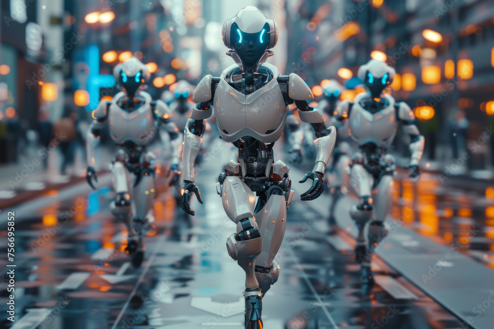 Aufkleber group of robots are walking down a city street. the robots are walking to be following a leader. ai 