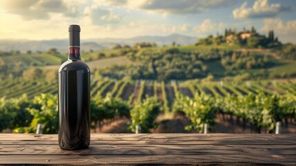 Premium wine bottle on rustic wood overlooking the lush Tuscan vineyards at dusk