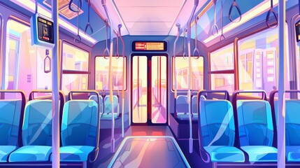 Fototapeta premium A detailed view of an empty bus interior showcasing public transport's modern amenities