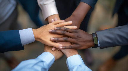 A close-up of  diverse business team joining hands together, successful unity in teamwork.