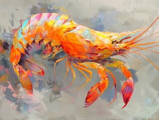 A vibrant painting of a lobster with colorful patterns on a monotone gray background.