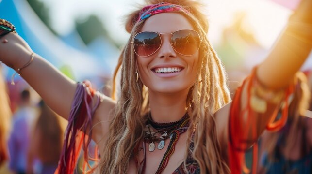 Portrait of a hippie beautiful young woman smiling and looking at camera