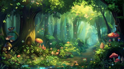 A whimsical kawaii forest filled with mythical creatures and magical plants, casting a spell of enchantment for wallpaper