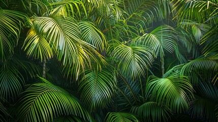 A close-up detail capturing the rich texture of green palm tree leaves in the rainforest