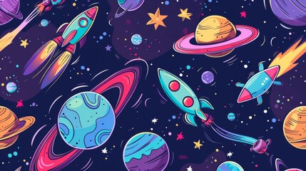A dynamic and colorful illustration of smiling planets a rocket and stars depicting a lively cartoon space adventure.