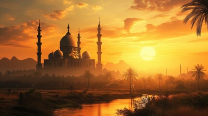 Naklejka premium Golden Hour Glow: Majestic Mosque Silhouette in Monsque Landscape