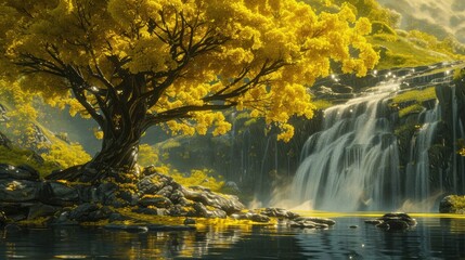Fototapeta na wymiar Sunlit Splendor: Yellow Camphor Trees at Water's Edge