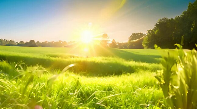 Blurred green grass nature background with sunshine