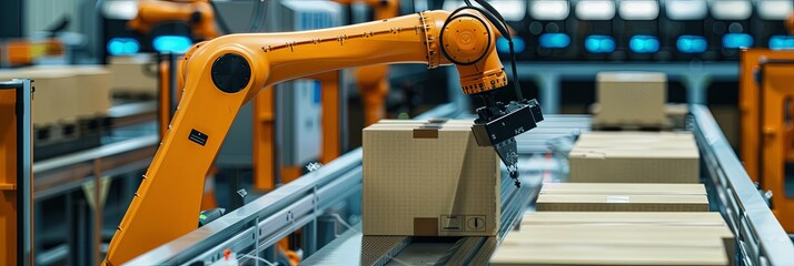 Panoramic banner of robot arm checking parcel cartboard boxes in warehouse on conveyor belt r