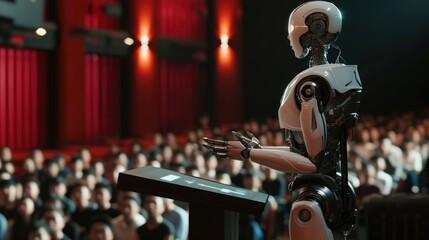 Fototapeta premium Technological Revolution: AI Speaker Inspires the Crowd