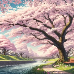 川沿いで咲く満開の桜