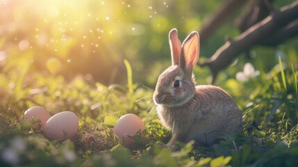 Fototapeta na wymiar Spring Serenity: Bunny Rabbit and Colorful Eggs