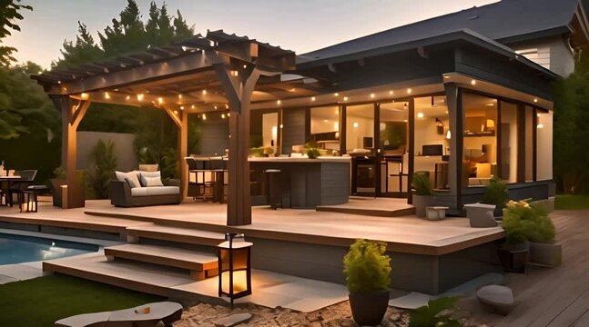 Back yard house exterior with spacious wooden deck with patio area and attached pergola