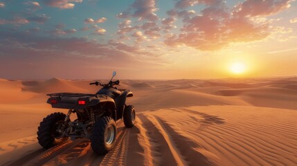 A modern quad bike conquers the vast Arabian sand dunes - obrazy, fototapety, plakaty