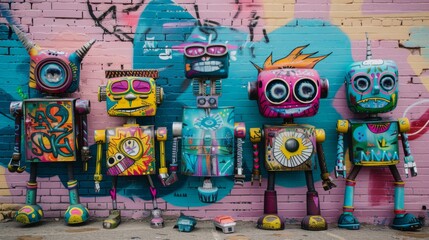 A group of colorful robots gather, standing proudly beside a brick wall