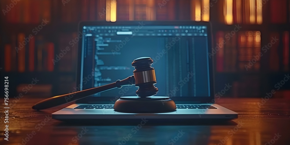 Poster symbolic laptop with gavel denotes the implementation of cybersecurity regulations . concept cyberse