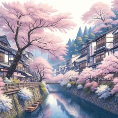 レトロな町並みの川沿いに咲く桜
