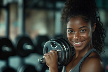 Beautiful and happy black aerobics girl smile while lifting weight bar in gym interior with copy space