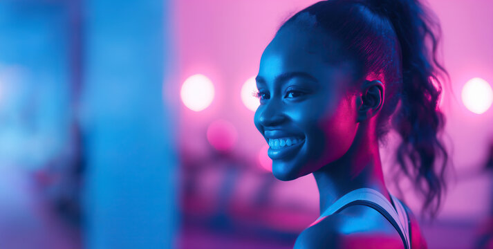 Beautiful and happy black dance instructor girl smile in gym interior in pink and blue light with copy space