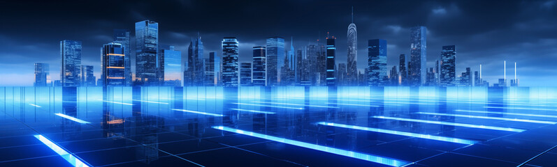 Banner background showcasing futuristic cityscape with glowing blue aura