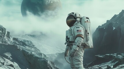 Astronaut at spacewalk. Cosmic art, science fiction wallpaper. Beauty of deep space. Billions of galaxies in the universe. contemplating the universe - obrazy, fototapety, plakaty