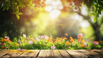 Badkamer foto achterwand Harmony of Seasons: Blurred Spring Garden Behind Table © Andrii 