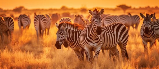 Zebra herd on safari in the grassland at sunset