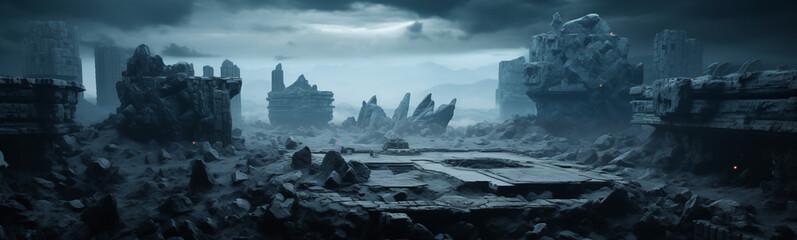 Mysterious ancient ruins in desolate landscape for dramatic sci-fi banner - obrazy, fototapety, plakaty