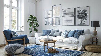 A chic living room arrangement featuring a pristine white sofa, a cozy blue armchair, and a creative display of posters on the wall