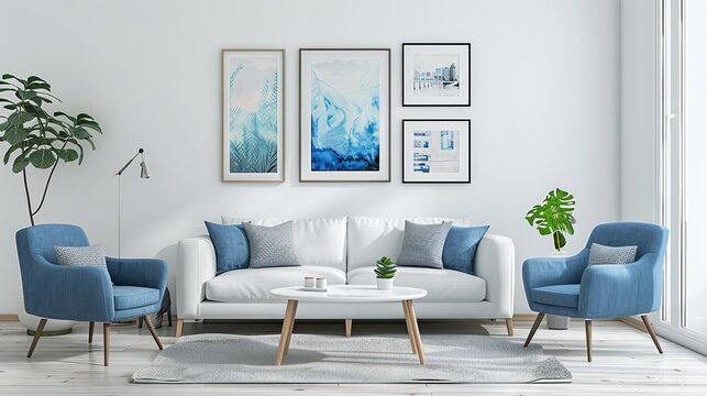 A chic living room arrangement featuring a pristine white sofa, a cozy blue armchair, and a creative display of posters on the wall