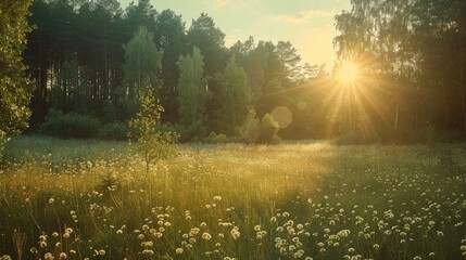 Fototapeta premium Bright Sun Over Fresh Green Landscape