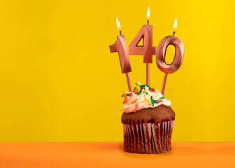 Candle with flame number 140 - Birthday card on yellow background