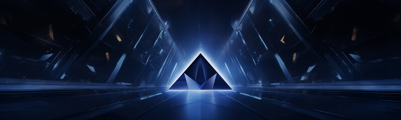 Triangular neon structure in futuristic corridor for sci-fi banner background