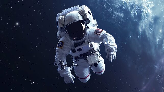 Astronaut at spacewalk. Cosmic art, science fiction wallpaper. Beauty of deep space. Billions of galaxies in the universe. contemplating the universe