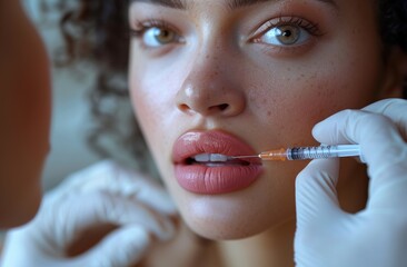 A woman is receiving a botox injection in her lips