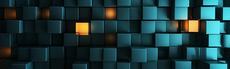 Abstract floating blue and yellow cubes on dark background for modern sci-fi banner