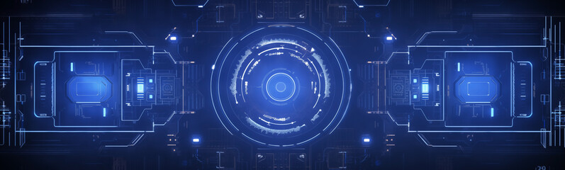 Futuristic blue circular portal in high-tech room for sci-fi banner